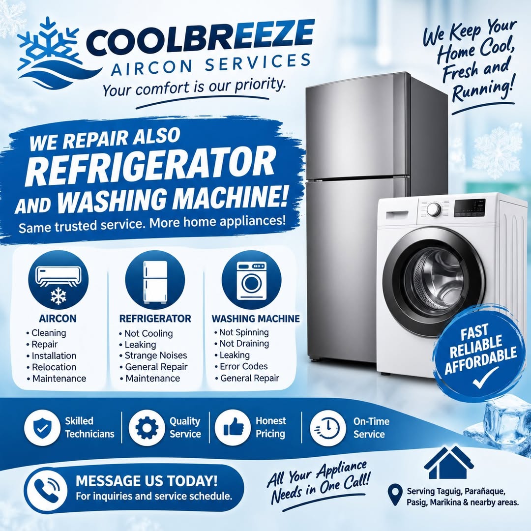 CoolBreeze services: aircon, refrigerator and washing machine repair